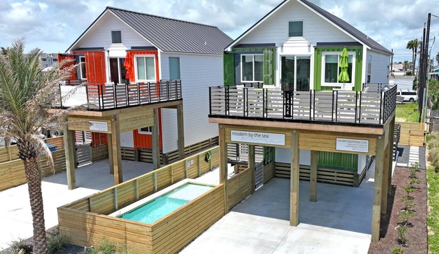 Uniquely designed industrial chic home created from shipping containers & sustai in Port Aransas