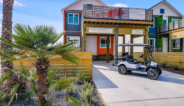 Uniquely designed industrial chic home created from shipping containers & sustai in Port Aransas